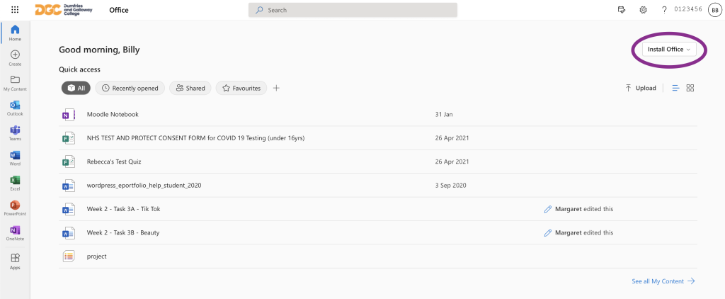 Screenshot of Office 365 dashboard with "Install Office" near the top right circled 