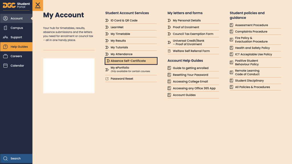 Screenshot showing Absence Self-Certificate in the main menu under Account under the heading Student Account Services