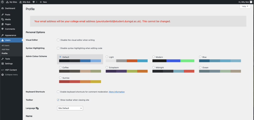 Screenshot of the edit profile page in an example eportfolio