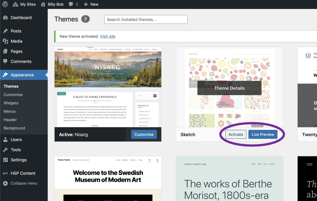 screenshot of wordpress themes