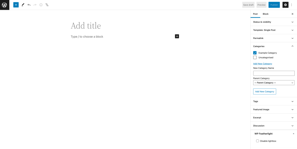 Screenshot of the gutenberg editor for posts with the categories section open.