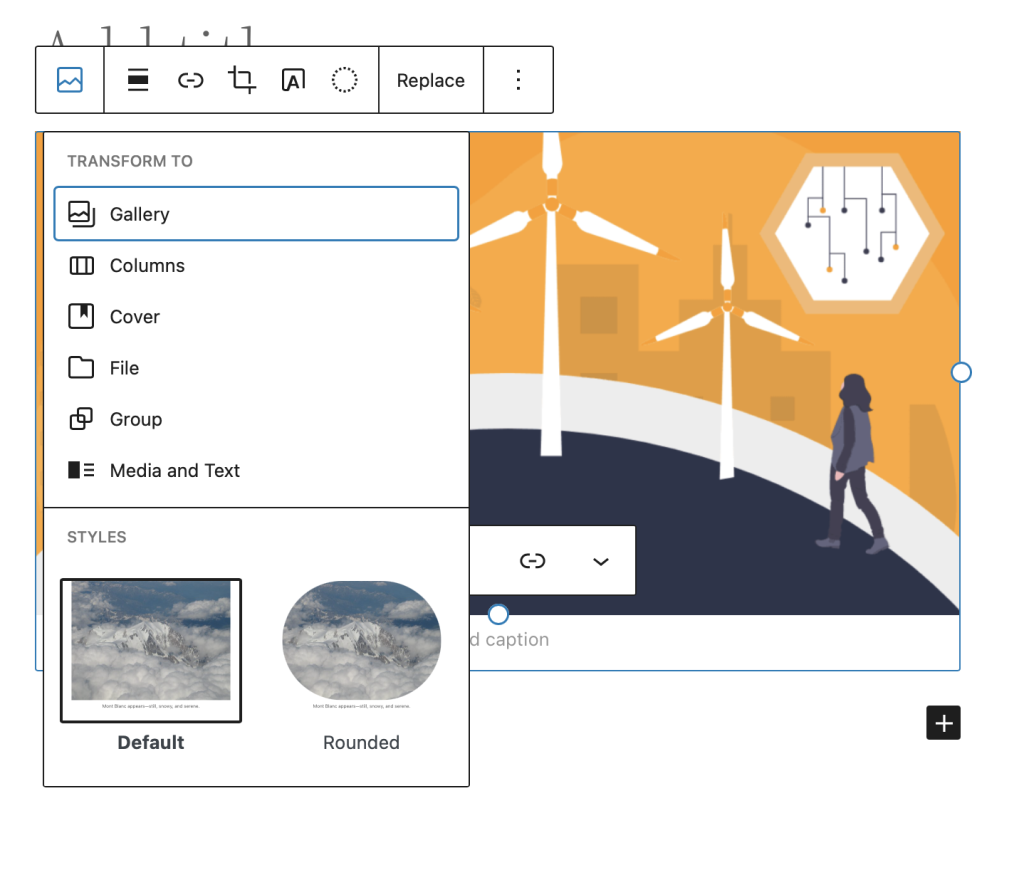 Screenshot of the image block's transform settings