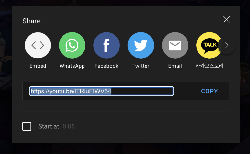 Screenshot of the youtube link share option