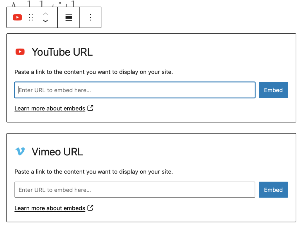 Screenshot of the youtube and vimeo embed blocks