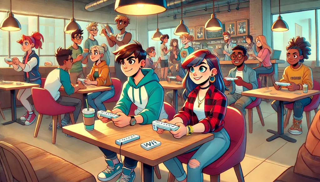 Image of a cartoon style cafe with students sitting at tables playing on a console.