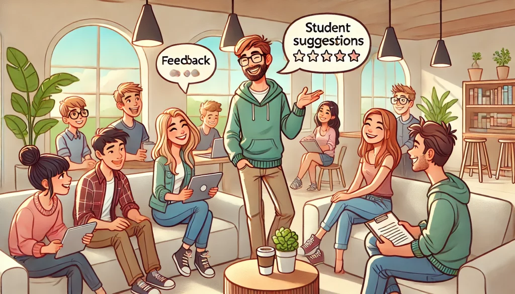 Image in a cartoon style of a lecturer and college students in a casual setting. Speech bubbles read "Student Suggestions" and "Feedback"