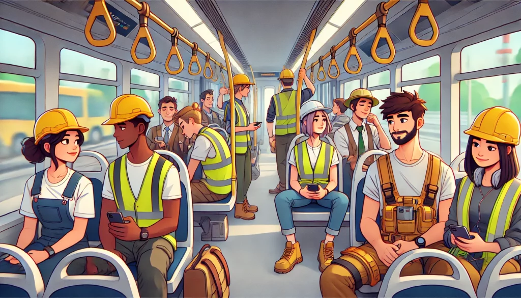 Image in a cartoon style of the inside of a bus filled with construction apprentices on their way to class.