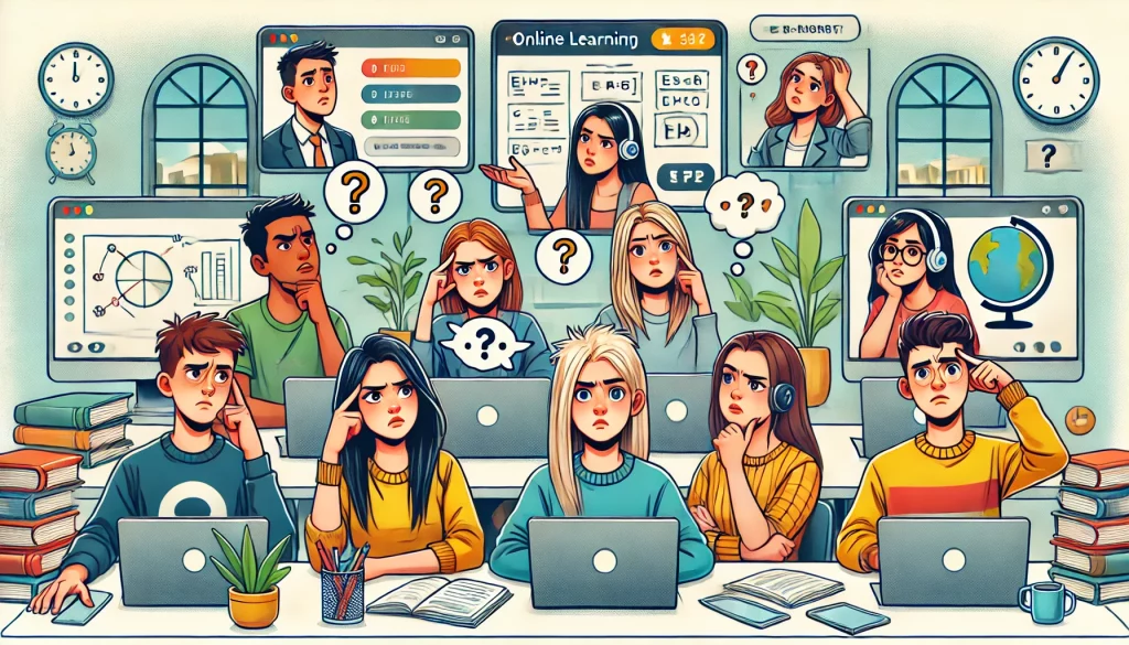 Image in a cartoon style of confused looking students surrounded by question marks. There is a board in the background with the words "Online Learning" on it.