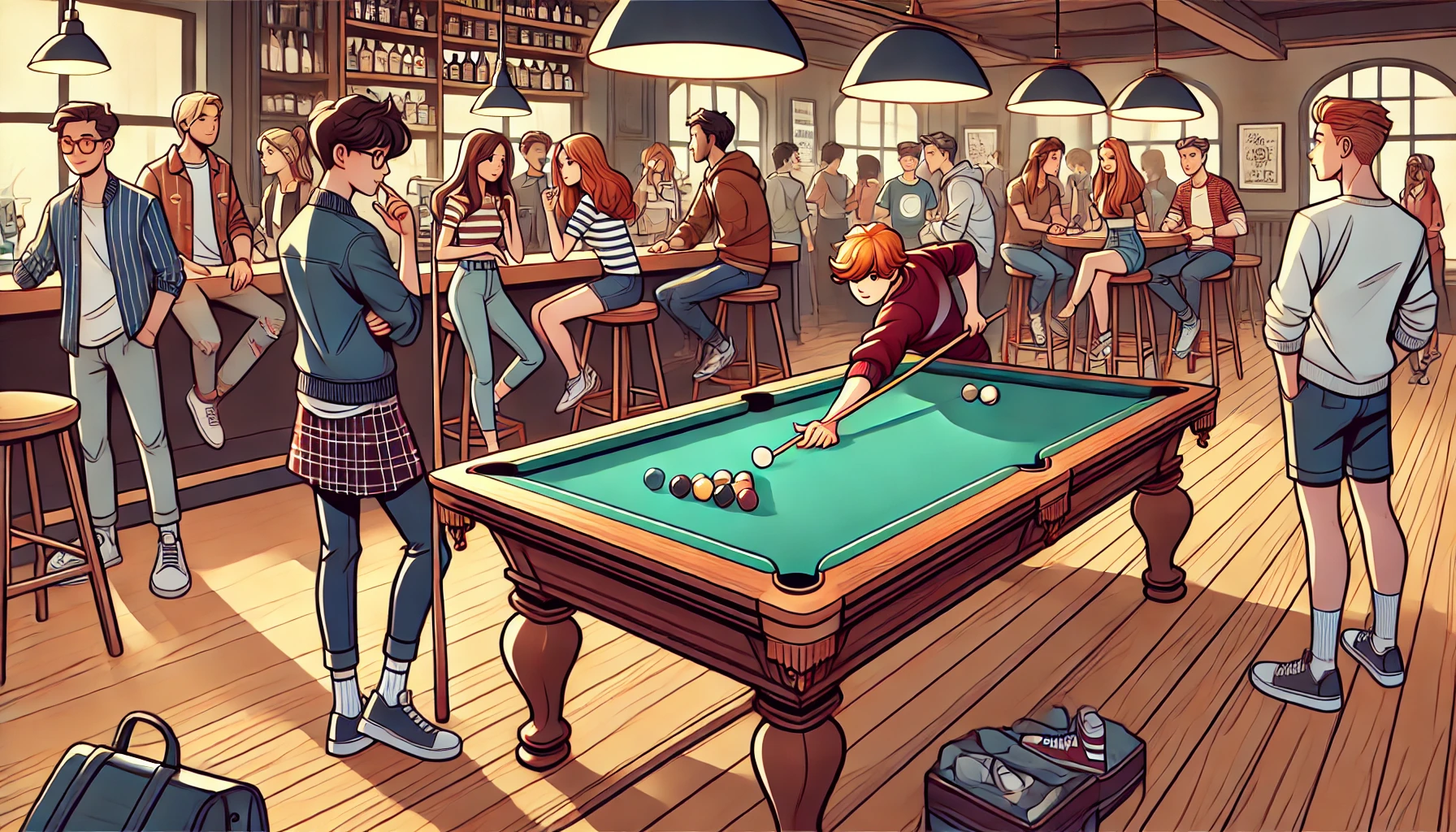 Image in a cartoon style of students playing pool in a busy cafe.