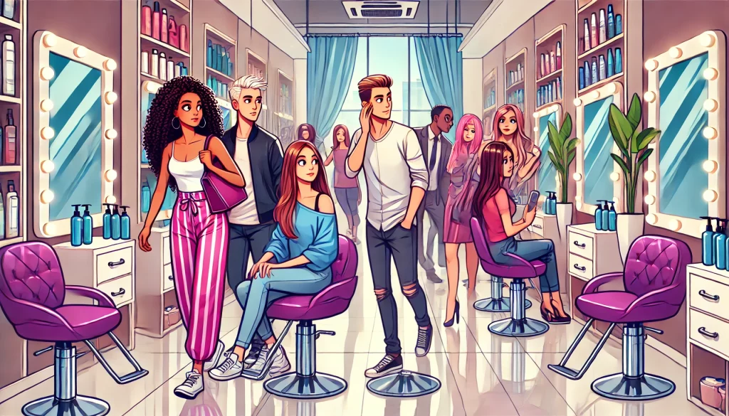 Image confused people walking through a beauty salon.