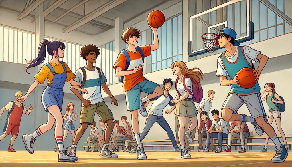 Image in a cartoon style of a mix of students playing basketball in a gym