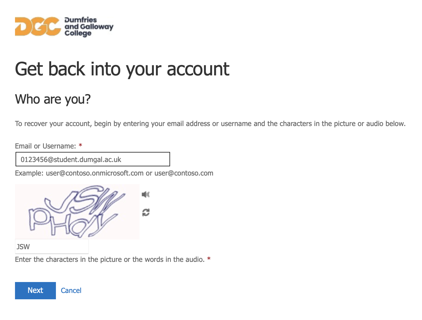 Screenshot: Text reads - Get back into your account. Who are you? To recover your account, begin by entering your email address or username and the characters in the picture or audio below.