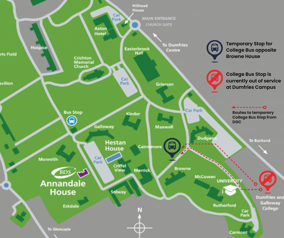 Map showing the location of the temporary bus stop for the College Bus opposite Browne House. From there you can walk to the campus.