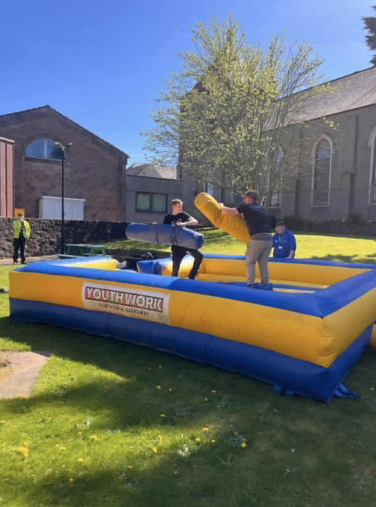 Inflatable gladiator style battle ring at Stranraer Campus